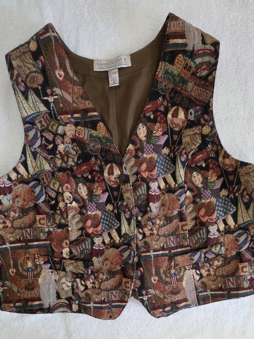 Vintage 90s Karen Scott II Teddy Bear Tapestry Vest | Size 1X Plus Size